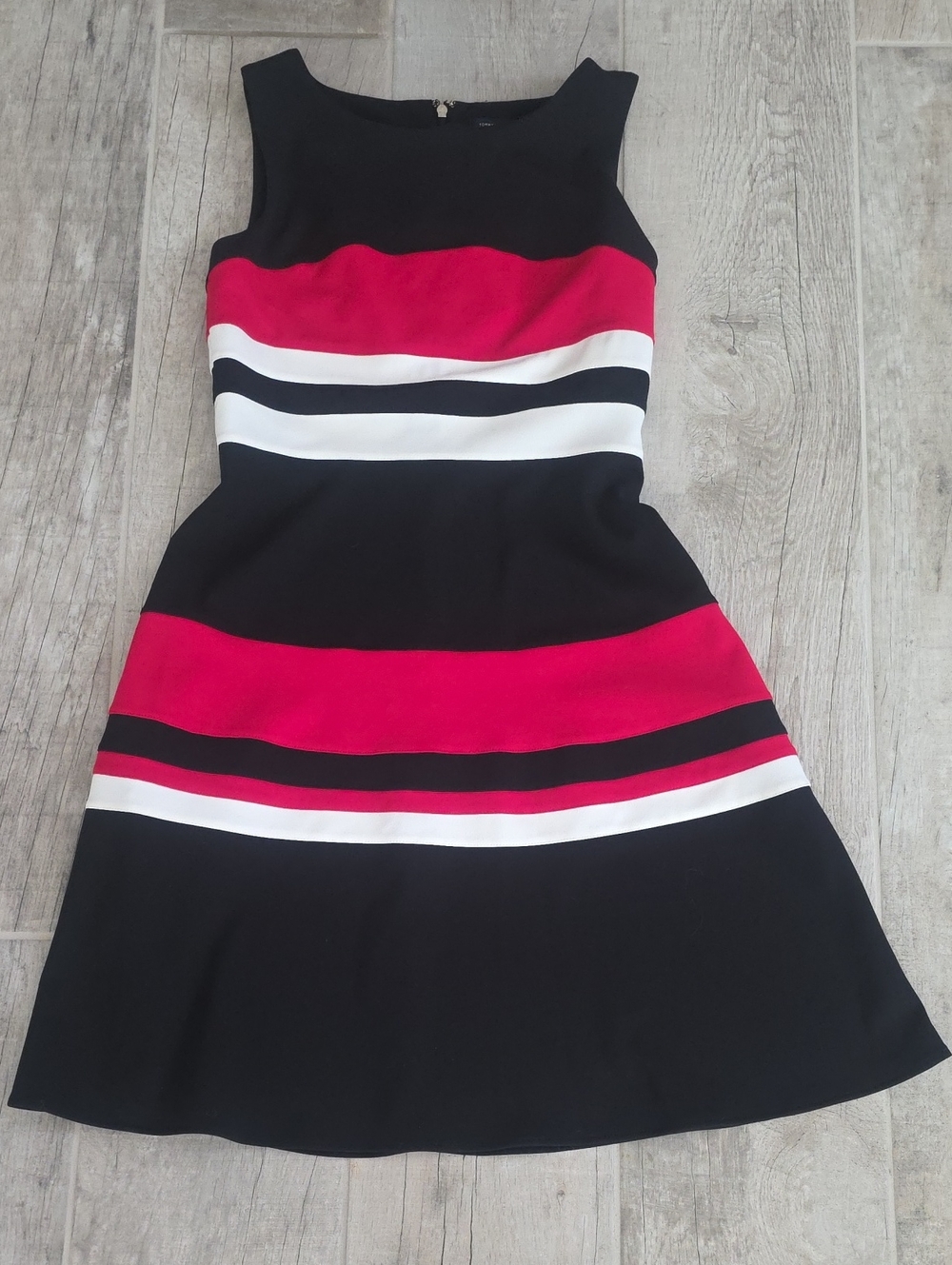 Tommy Hilfiger Black, Red and White Striped Fit & Flare Dress